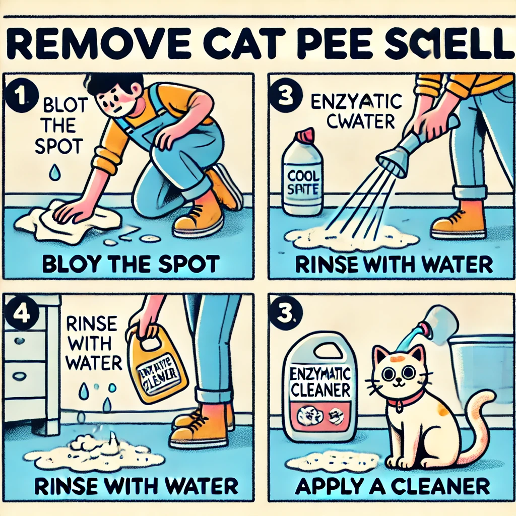  A step by step instructional illustration for removing cat pee smell