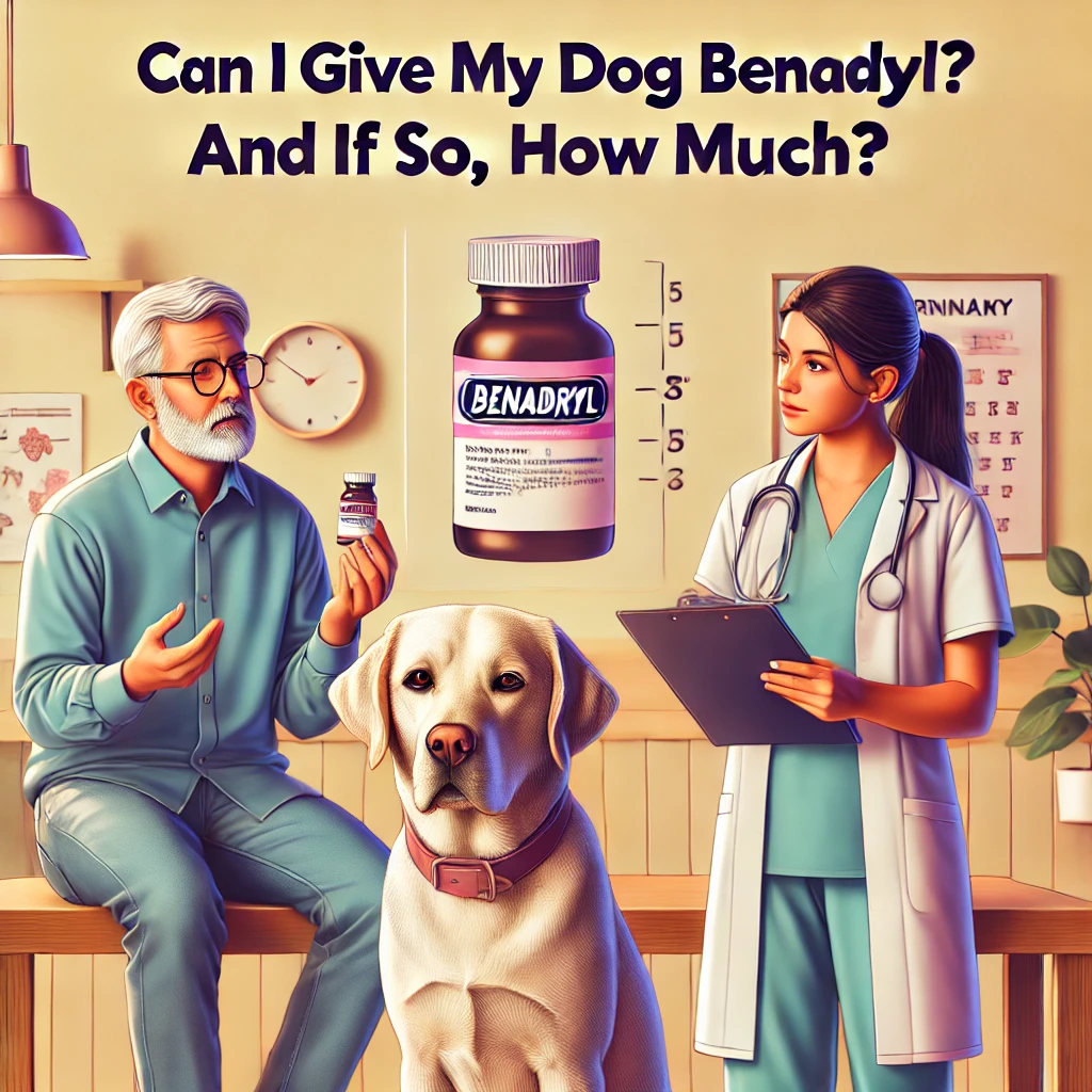 a picture in which dr is guiding about the benadryl-dosage-for-dogs to a old man along with the dog 