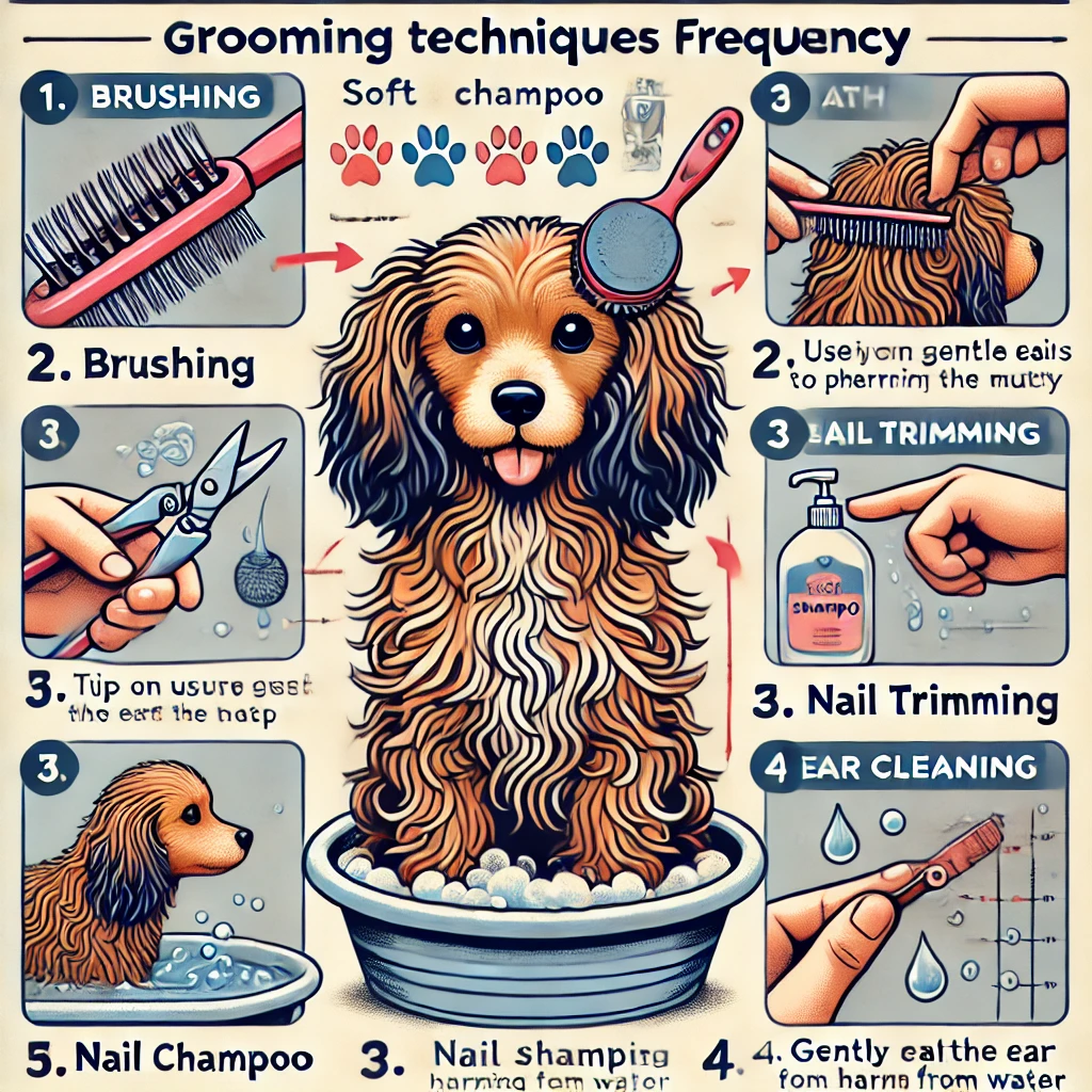 A detailed educational diagram illustrating the grooming techniques and frequency for a Cavapoo dog