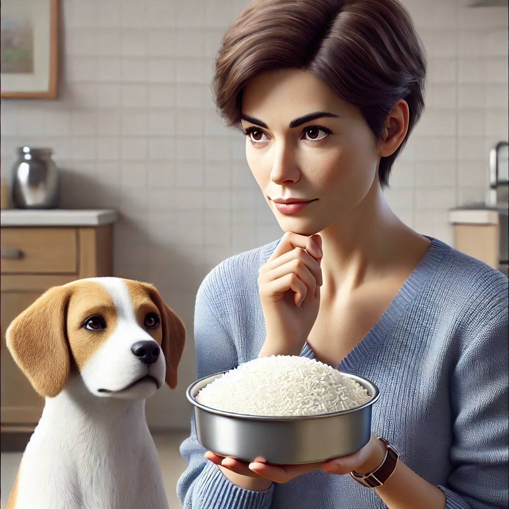 Dog owner standing and looking thoughtfully at a bowl of white rice she is holding