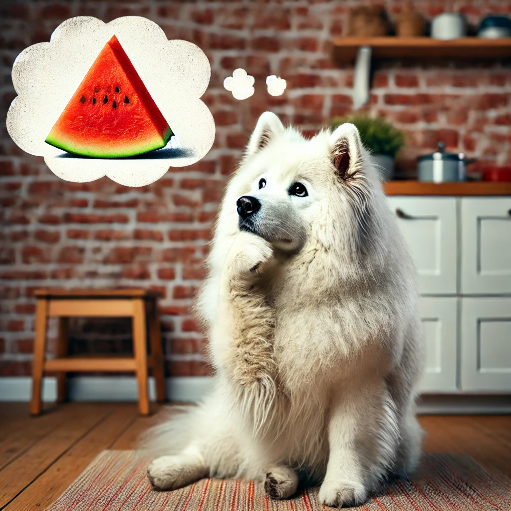 dog thinking of eating watermelon